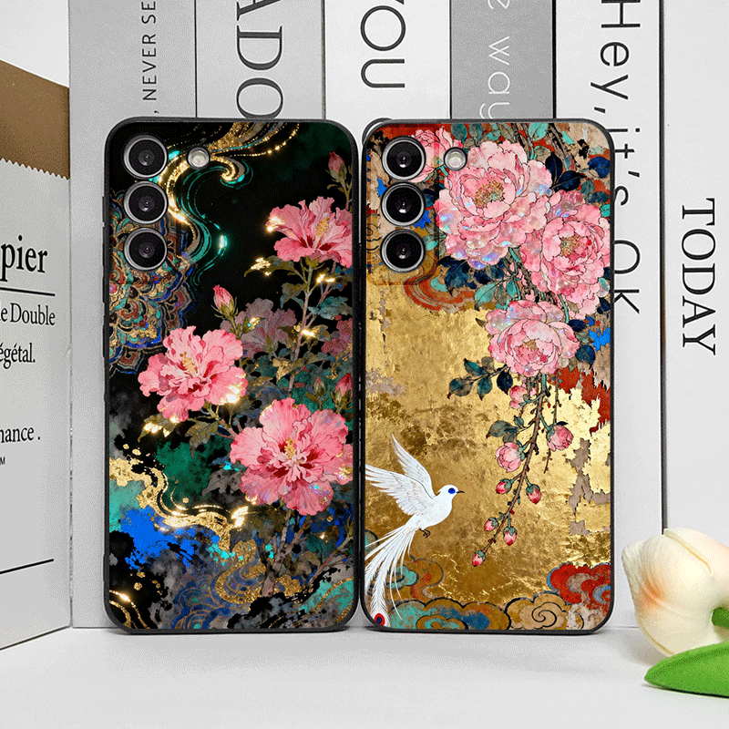 Oppo Reno 12 - Retro Bloem Hibiscus Gouden Inktschildering Telefoonhoesje